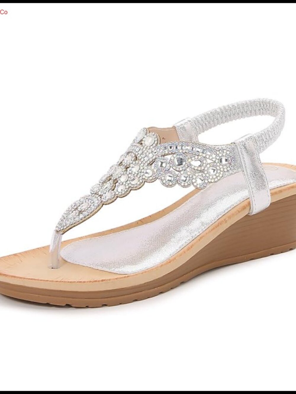 Women's Rhinestone Wedge Sandals Faux Leather Slingback Thong Heels